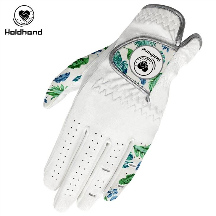 Green Leaf Pattern Printed Golf PU Leather Gloves